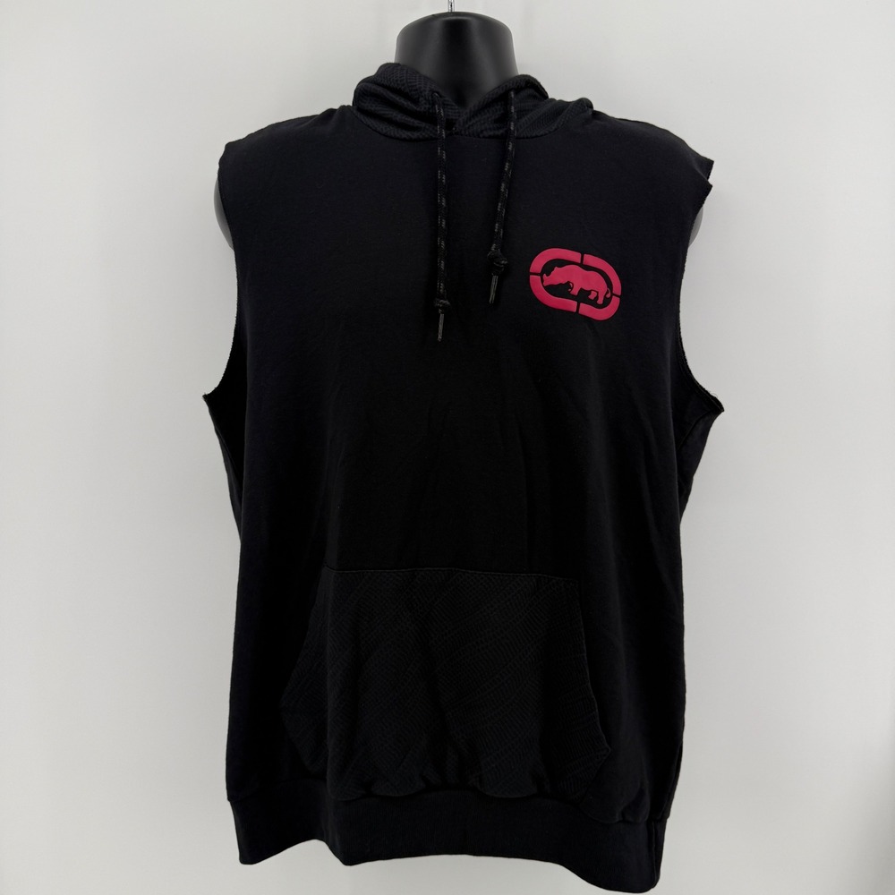 Ecko Unltd Sleeveless Hoodie Mens‎ L Black Solid Cotton Blend Red Rhino Logo
